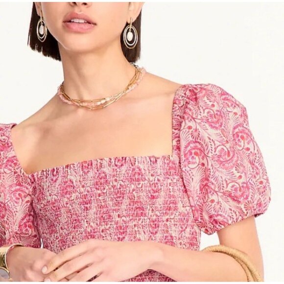 J Crew Womens Mini Dress Sz 3X Pink White Floral Puff Sleeve Smocked Coquette - Picture 2 of 9